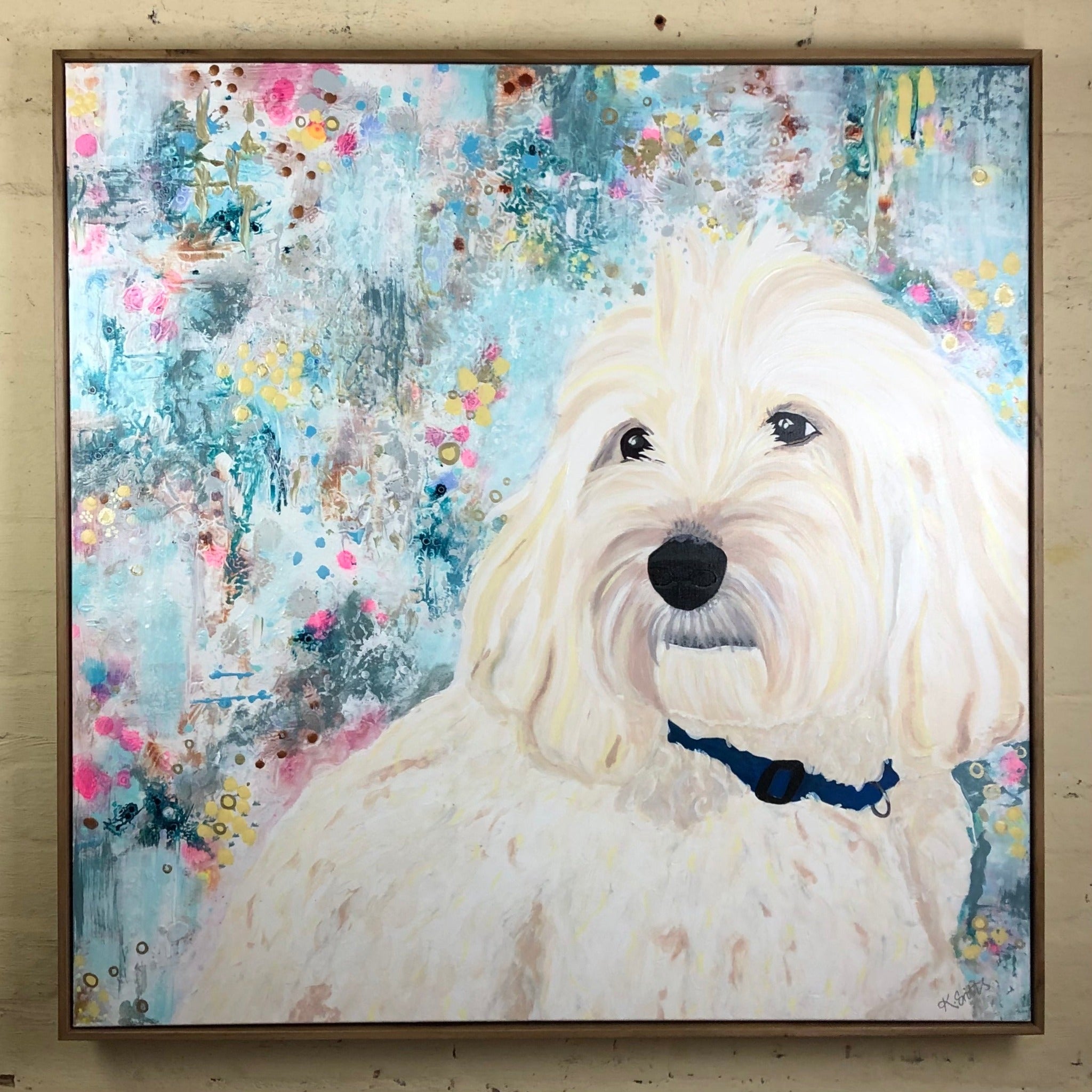 Kerry Evitts Art inside a Mulbury floating frame. Painting of a white puppy. 