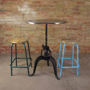 Light blue bar stool with wooden top. 70cm height. Rcycled. Australia. 