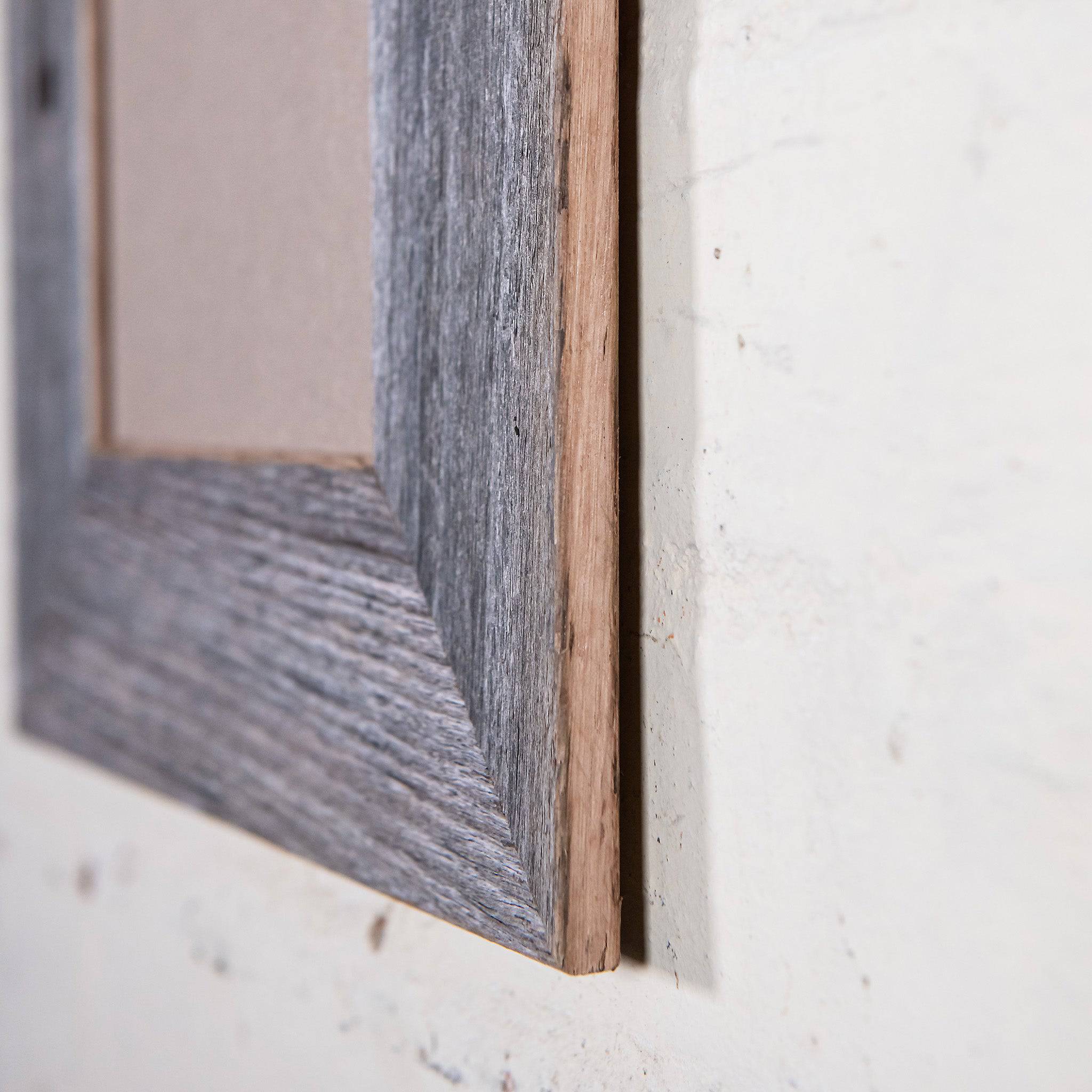 Side on pgoto of rustic weathered wooden photo frame. Made for poster frames online, A3 size. 