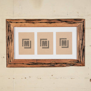 Thick, wide rustic photo frame to show 3 photos with a white border. Upcycled timber. 