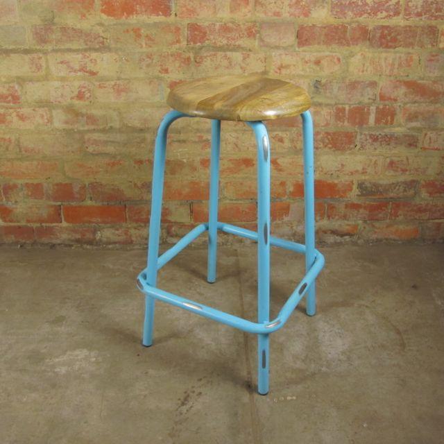 Blue Bar stool with Wooden top, made from recycled metal and wood. 