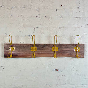Rustic wooden coatrack for hallway, Australia. Gold dark yellow hooks. 