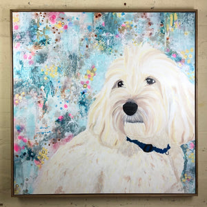 Kerry Evitts Art inside a Mulbury floating frame. Painting of a white puppy. 