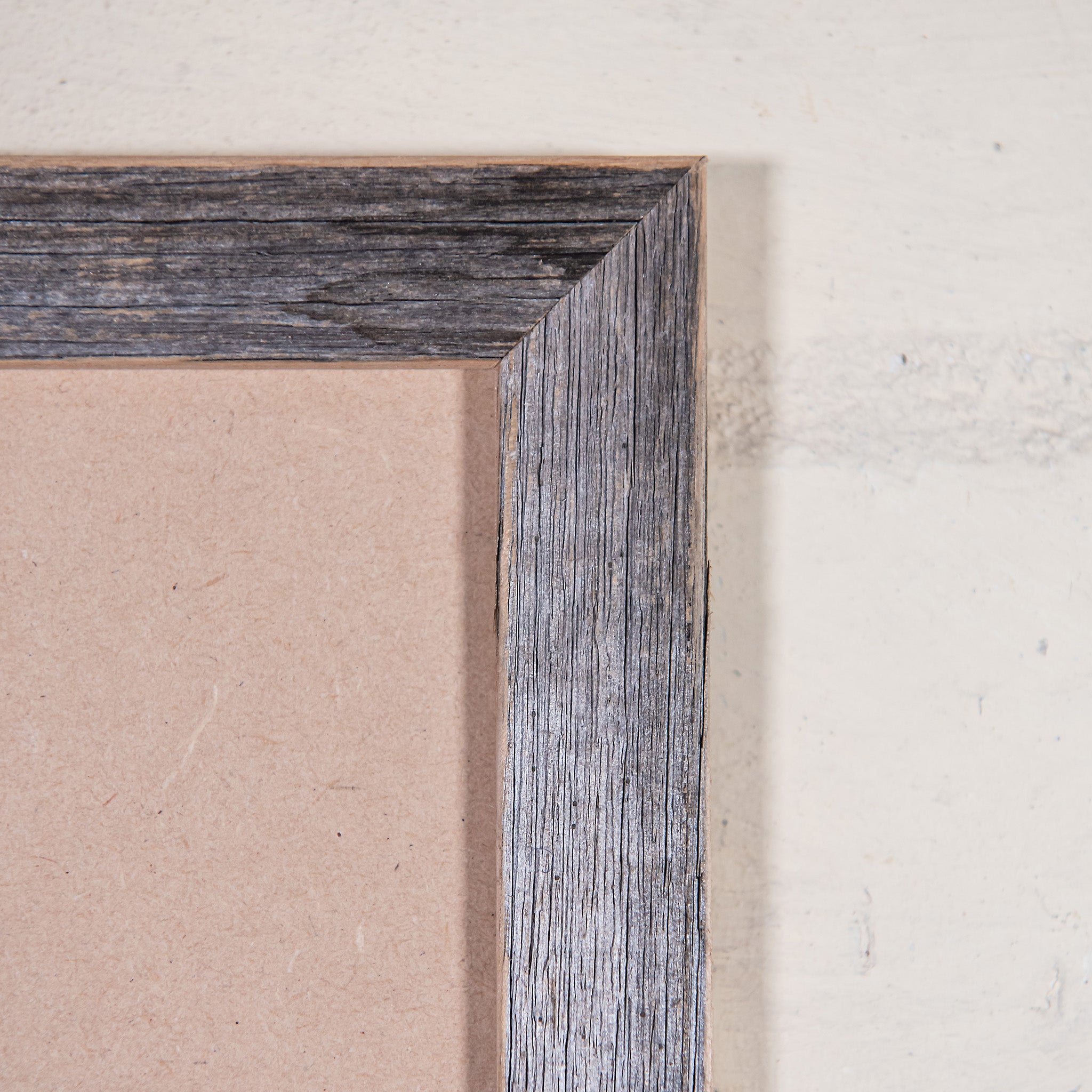 Corner photo of 8 x 12 picture frame, made from old grey timber. 