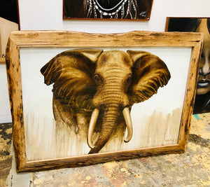 Driftwood custom picture frame for elephant canvas with dark and light colour tones. Hardwood Victorian Ash wooden picture frame, Australia