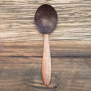 Wooden serving spoon. Light timber handle with dark brown top. Eco spoons Australia. 