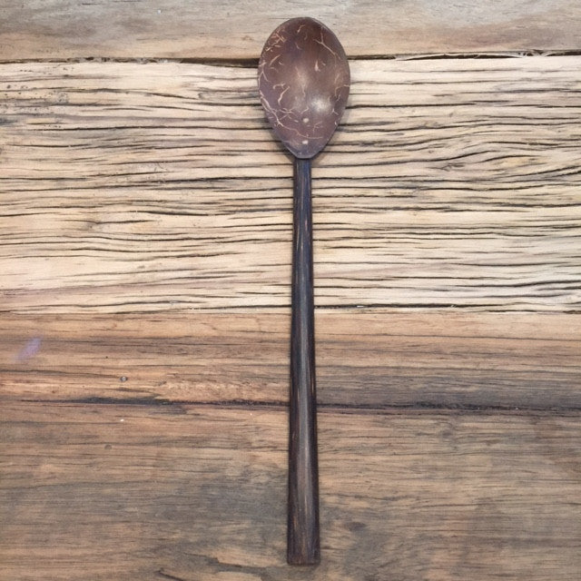 Long thin eco friendly wooden spoon. Skinny wood dark brown spoons, great for deep jars. 
