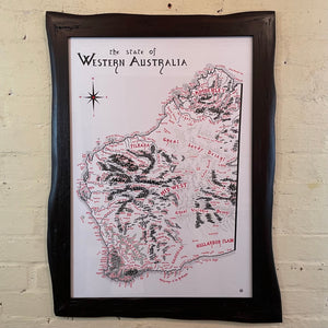 Wildwood Map of Western Australian in a Custom made Cherry Wax wooden frame, Mulbury. 