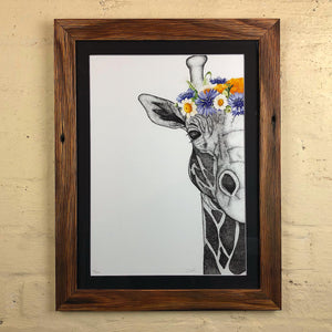 Rustic reclaimed wood photo frame with black border around giraffe print. Moorabbin, Australia