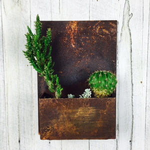 Rusty recycled metal planter box, house number display
