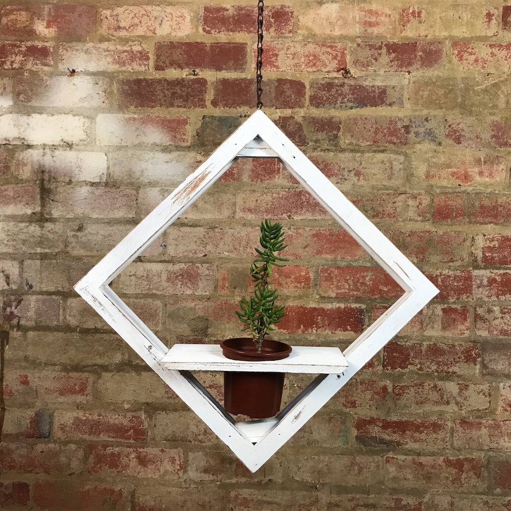 Diamond shaped hanging planter, White hanging pot plant. Australia