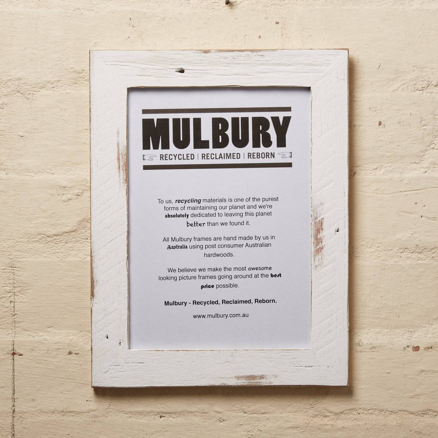 Recycled white wash timber picture frame hand made by Mulbury. Antiqued washed white timber photo frame. 