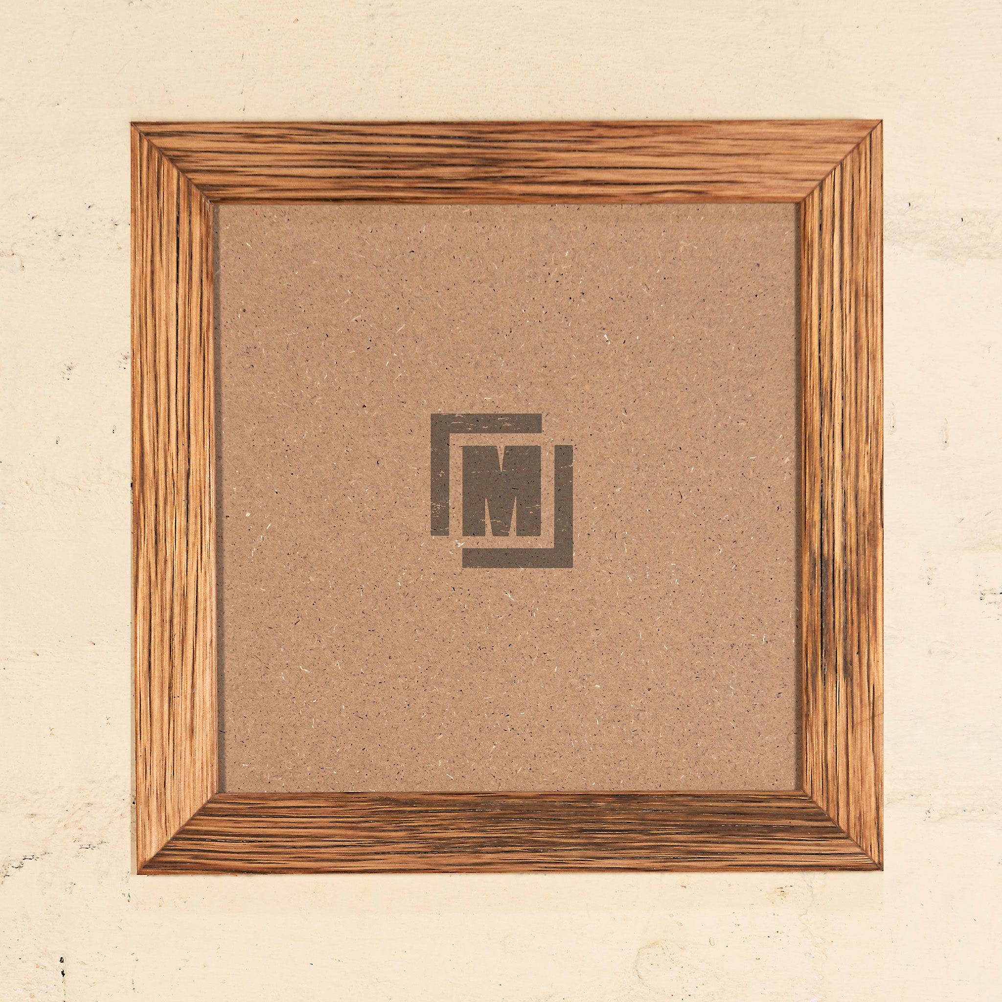 Square 8 x 8 wooden picture frame, made from upcycled hardwood. Honey brown and dark brown colour tones. 