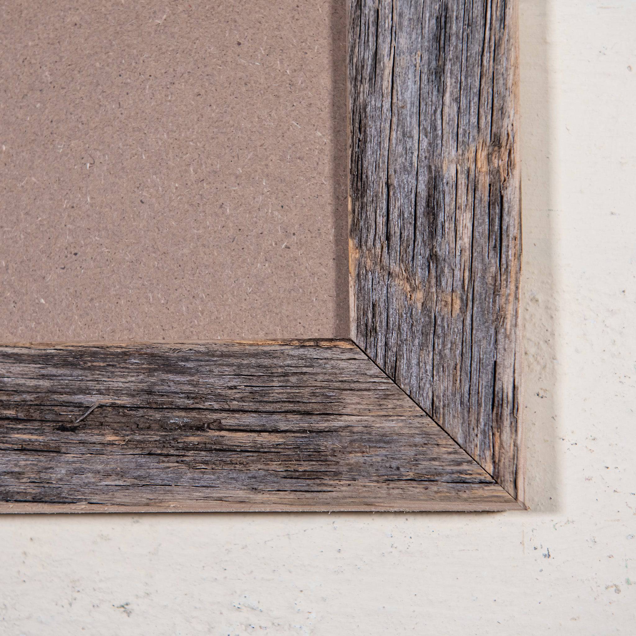 Close up of picture frame corner, recycled timber, Grey rustic style
