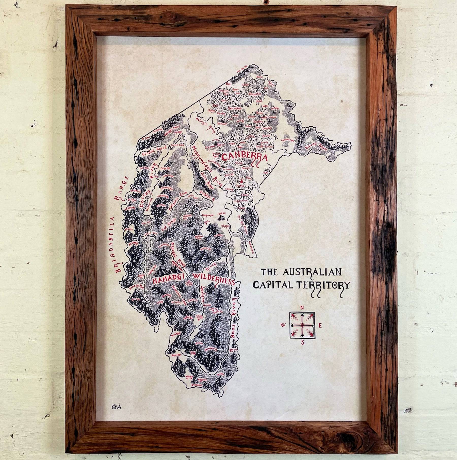CHUNKY OILED AUSTRALIAN MADE PICTURE FRAME AROUND A CANBERRA WILDWOOD MAP
