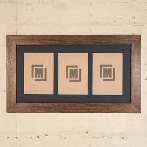 Darkwood stained collage photo frame with black border. 