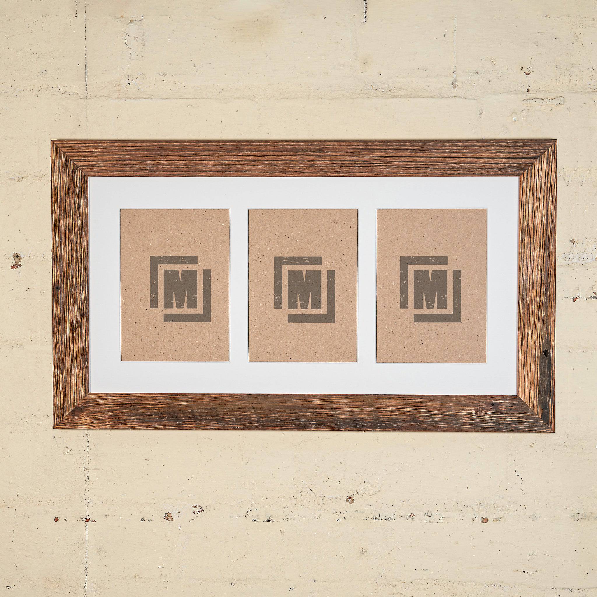 3 photo frame collages, made from recycled timber with off-white border in medium brown frame