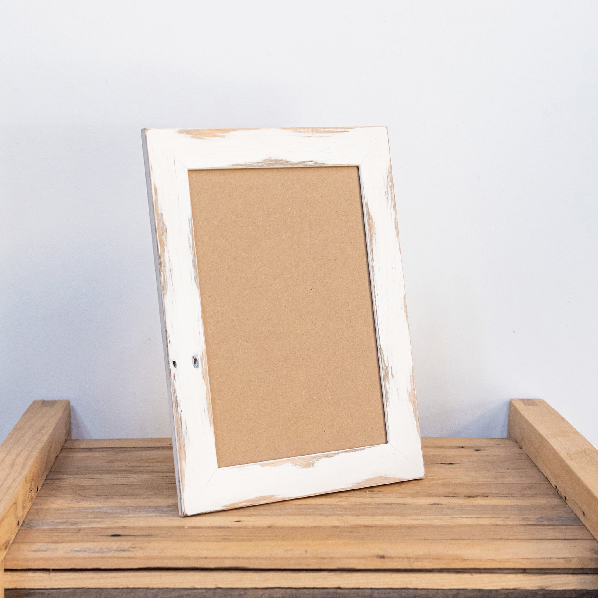 Free standing white 8 x 12 picture frame, made from recycled Tasmanian Oak. 